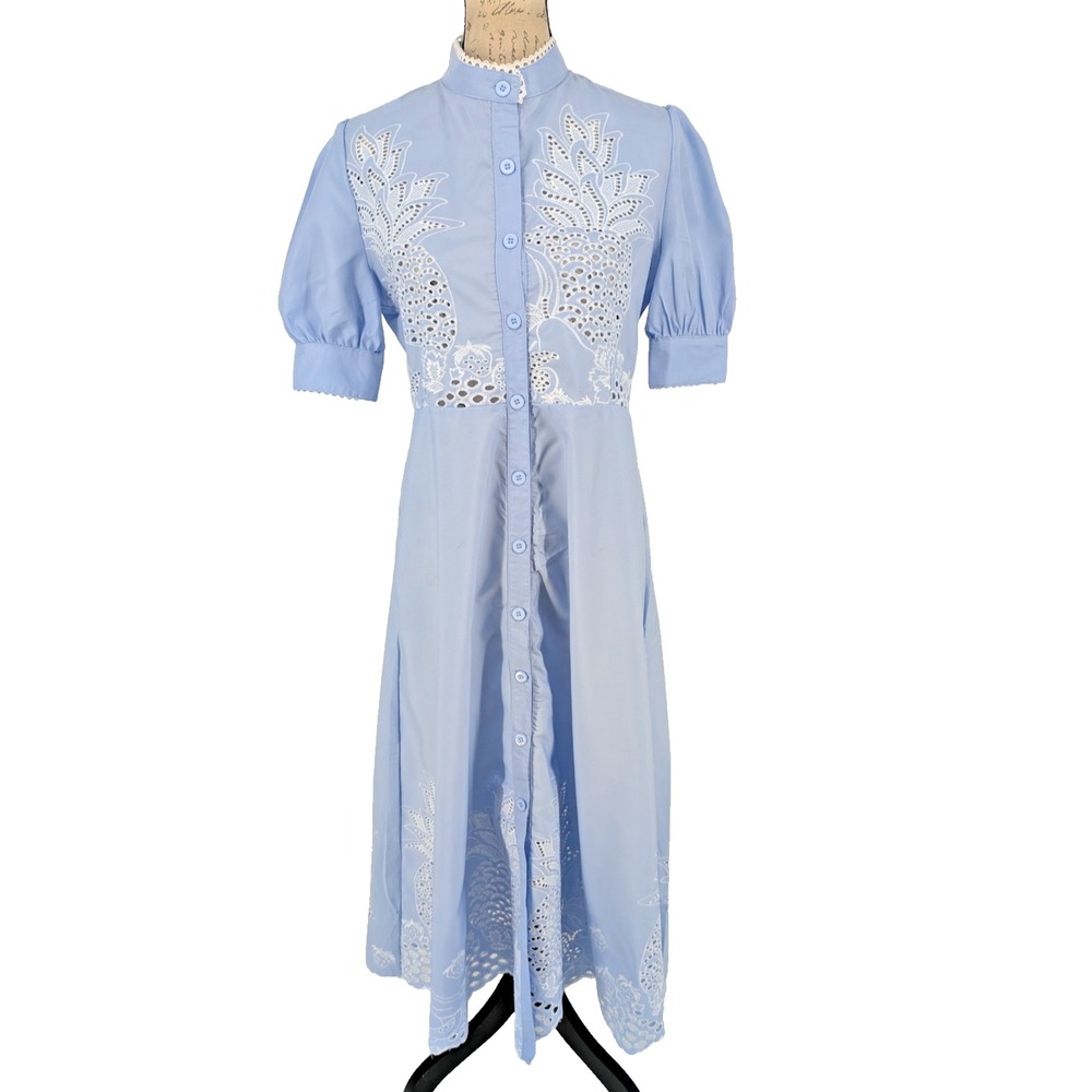 Eyelet Lace Womens Robe LARGE Baby Blue Button Up Bohemian Excellent Condition